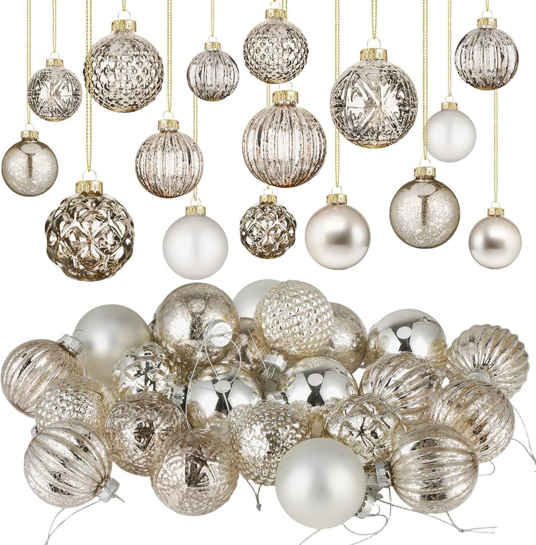 Liliful 24 Pcs Champagne Glass Christmas Ball Ornaments Christmas Tree Decoration Hanging Balls Neutral Vintage Mercury Ornament for Xmas Festival Home Wedding Holiday Farmhouse Party Decor, 2.36 Inch