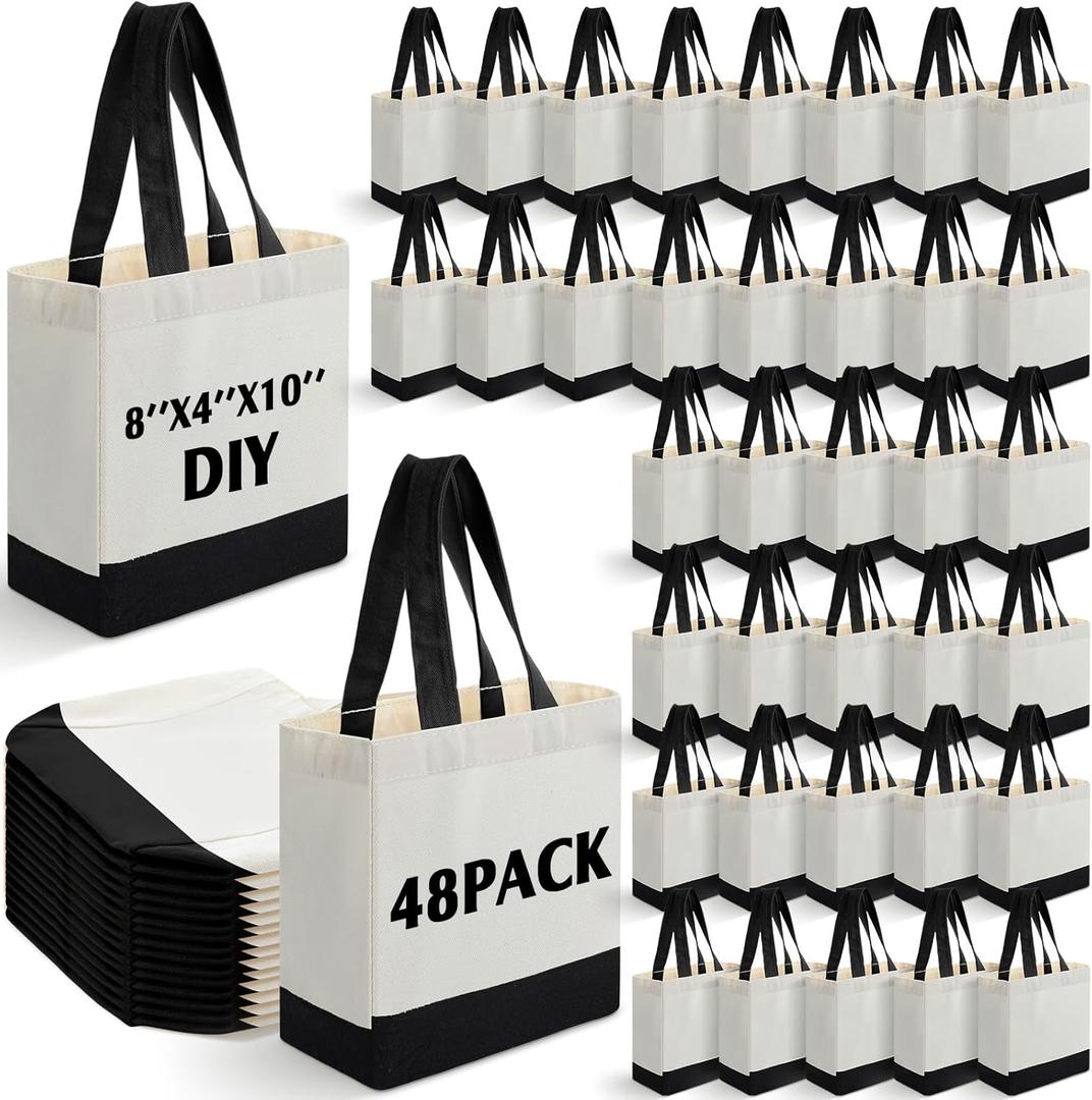 Sanwuta 48 Pack Mini Canvas Tote Bag 8'' x 4'' x 10'' Small Sublimation Blank Canvas Bags Reusable Tote for Christmas Crafts DIY Party Gifts (Black)