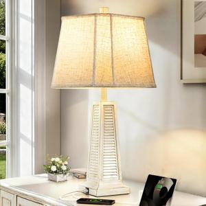 25.94'' Vintage Table Lamp Traditional Bedside Lamp with 2 USB Ports Rustic Farmhouse Nightstand Lamp with Linen Lampshade Desk Lamp for Living Room Bedroom, 9W Bulb Included