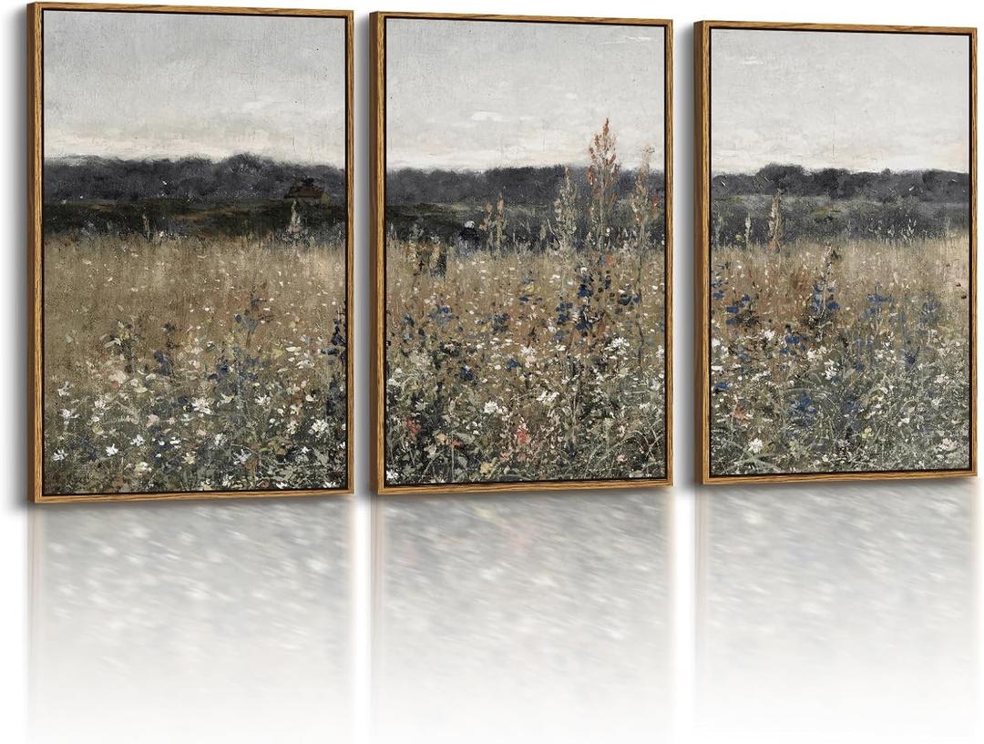 InSimSea 3 Pcs Framed Canvas Art for Living Room, 16x24inch, Vintage Wall Decor, French Country Meadow Landscape Paintings with Frame, Bedroom Farmhouse Decor Above Bed, Set of 3 (16"x24"x3, Champ Fleuri)