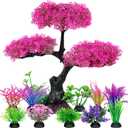 Ameliade Aquarium Artificial Plastic Plants Decoration, Pink Cherry Blossom Tree Aquarium Decor Set, Goldfish Betta Fish Tank Decorations Hides AccessoriesPink