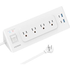 Electrical Outlet Extender with USB C, Flat Wall Plug Extension Cord with 4 Sockets, Surge Protector Power Strip 15 Amps/1200 Joules, 6.5 Ft Multi-Plug Extension Cable for Home Office Dorm, White