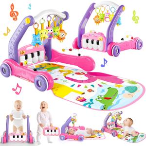 4-in-1 Baby Gym Play Mat with Learning Walker, Tummy Time Mat & Baby Push Toys for Newborn Infant 0-3-6-9-12 Month Boy Girl, Babies Activity Center with Play Piano & Lights, Ideal Toddler Babies Gifts (Pink)