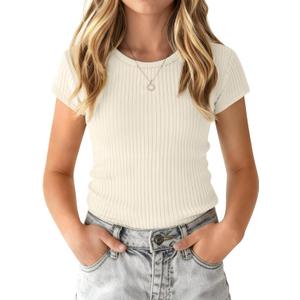 Girls Shirts Kids Ribbed Tops | School, Uniform, Short Sleeve, Crew Neck, Ribbed Knit, Casual, Summer Outfits, Youth, Teen, Birthday Clothes, Ages 5-14 (White)
