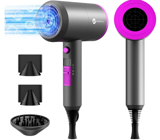 slopehill Professional Ionic Hair Dryer, Powerful 1800W Fast Drying Low Noise Blow Dryer with 2 Concentrator Nozzle 1 Diffuser Attachments for Home Salon Travel (Pink)
