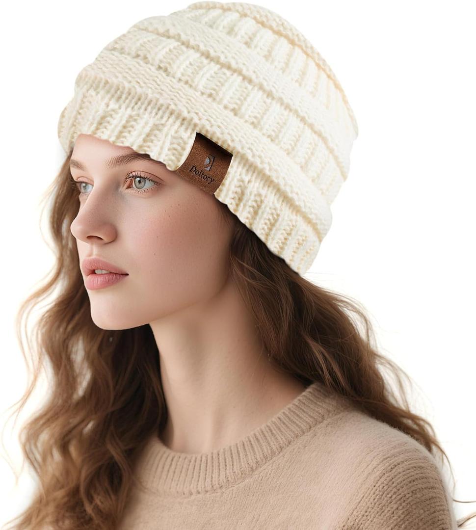 Beanies Hat for Women & Men,Warm Soft Knitted Beanie Unisex Cuffed Hat for Winter Fleece Lined Hats Snow Cap (White)