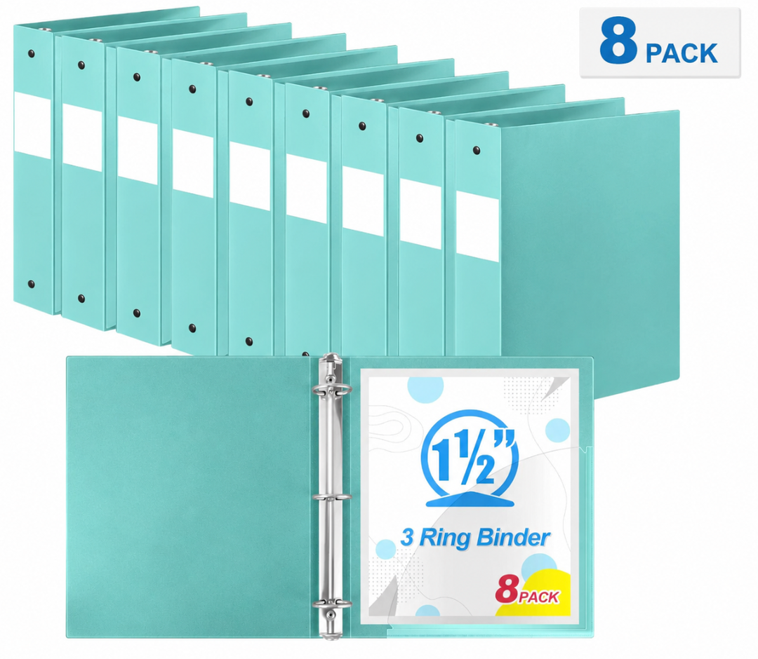 Henoyso 8 Pcs Mint Green 1.5" 3 Ring Plastic Binder Bulk, 1 1/2 Inch Soft Flexible Binders Round Rings, Fits Letter Size 8.5'' x 11'' Paper, Holds 350 Sheets, for School Office (1.5 Inch)