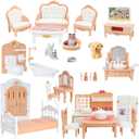 Dollhouse Furniture Set, Complete Room Collection with Kitchen, Dining, Living Room, Bedroom and Bathroom Accessories, Plastic (36-Piece Hrown)