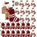 Glimin 24 Set Mini Christmas Stockings Set 6 Inch Red White Knitted Stripe Xmas Hanging Stocking with Kraft Paper Gift Tags Bells Christmas Tree Ornaments for Family Fireplace Decorations