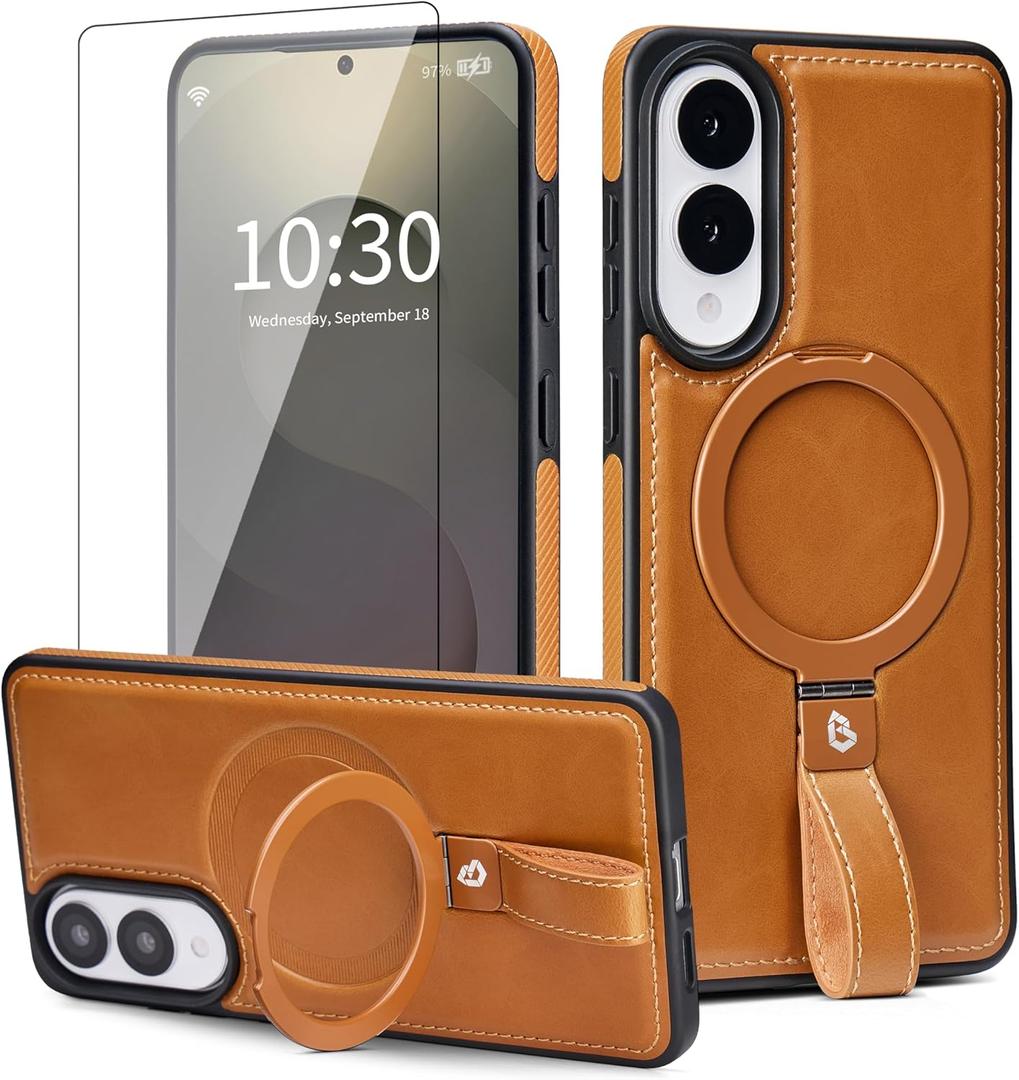 for Samsung Galaxy S25 Edge Leather Case with Stand, Anti-Slip Grip Ring, Fits for MagSafe (Brown, S25 Edge-6.7inch)