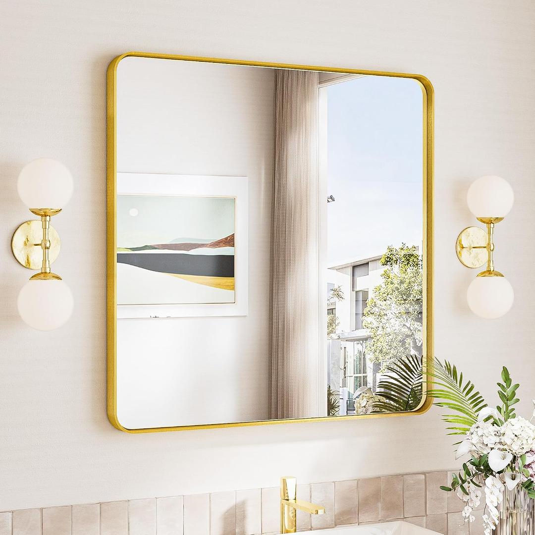 TokeShimi 30 x 30 Gold Bathroom Mirror, Gold Vanity Mirror for Bathroom with Tempered Glass, Rectangle Bathroom Wall Mirror with Aluminum Frame(Horizontal/Vertical)