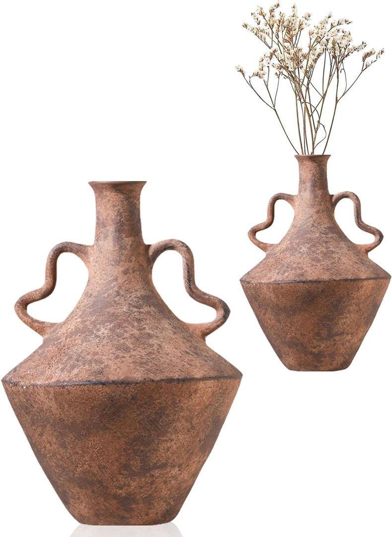 UPWOIGH 14x9.06 in Tall Vintage Ceramic Vase with Handles, Antique Terracotta Pottery Vase for Living Room Table Decor, Rustic Farmhouse Bedroom Decoration, Distressed Brown with Black Markings, Gift