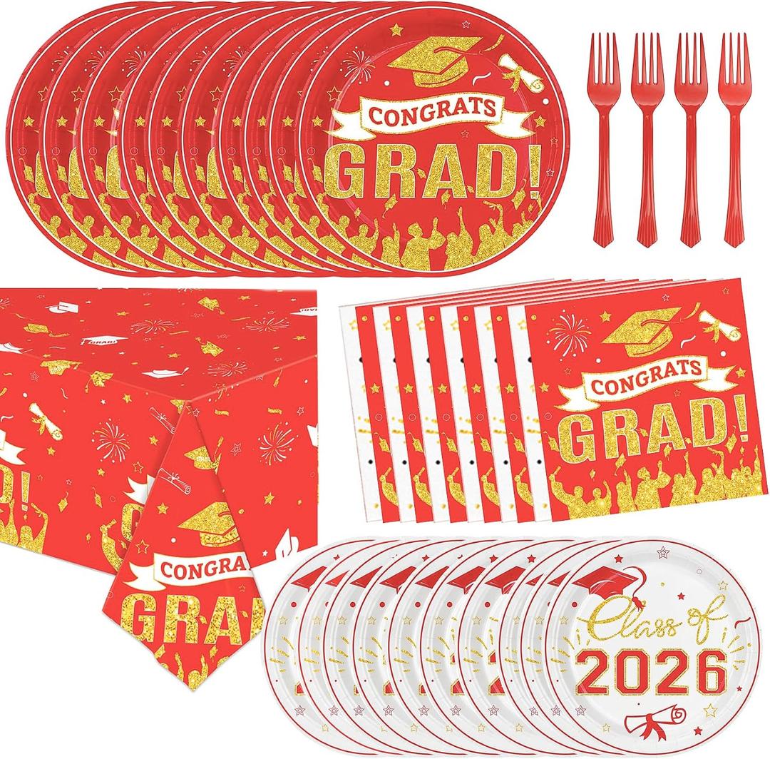 Graduation Plates and Napkins Party Supplies 2026 Graduation Decorations for 24,Red Disposable Grad Plates Class of 2026 Dessert Plates Napkins,Tablecloth,Forks,for Congrats Grad Party Decorations