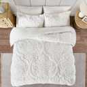 Madison Park Tufted Chenille 100% Cotton Duvet Modern Luxe All Season Comforter Cover Bed Set with Matching Shams, Full/Queen(90"x90"), Damask Off White 3 piece