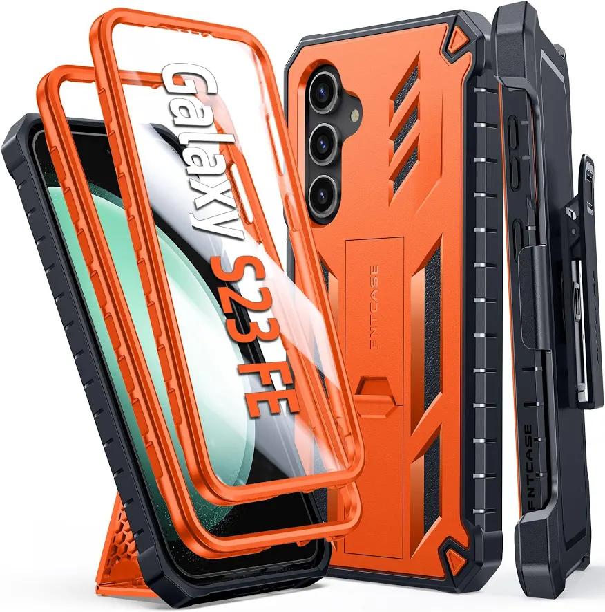 FNTCASE for Samsung Galaxy S23 Case : with Belt-Clip Holster & Kickstand Heavy Duty Rugged Shockproof Protective Phone Shell | Military Grade Protection Durable Cover for Galaxy S23 - Orange