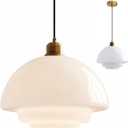 Mid-Century Milk Glass Pendant Light with Gold Metal Holder, Indoor Ceiling Hanging Lamp, E26 Farmhouse Modern Lighting for Kitchen Island, Dining, Living Room (White, B)