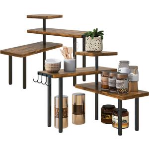 IBUYKE Kitchen Countertop Organizer,Set of 2,3-Tier Wooden Spice Racks,Bathroom Counter Organizer,Rotating Adjustable,Corner Shelf for Kitchen,Coffee Bar, Cabinet, Desk,Rustic Brown,TLJ023H-2