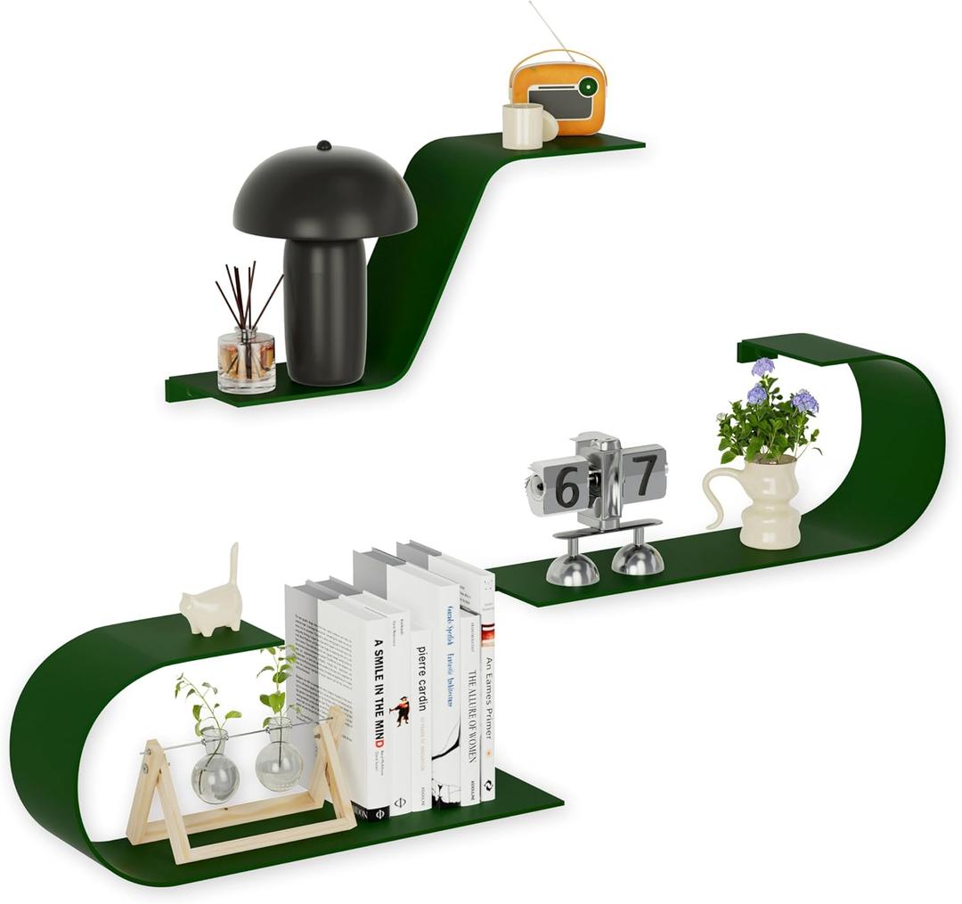 Green Floating Shelves Set of 3, Green Metal Decor, Unique Mounted Floating Shelf, Modern Long Wall Shelf, Large Wall Shelves for Bedroom, Bathroom, Living Room