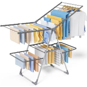 Sakugi Clothes Drying Rack, Foldable 2-Level Laundry Drying Rack with Height-Adjustable Wings, for Clothing & Bedding, Free-Standing Space-Saving Rack, Indoor & Outdoor, 55.5" L 22.8" W, Gray