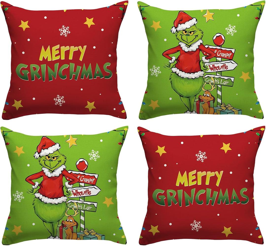 FARMNALL Red and Green Christmas Pillow Covers 18x18 Set of 4 Merry Christmas Xmas Winter Holiday Decorations and Supplies for Home Sofa Couch