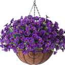 Artificial Fake Hanging Flowers Plants Basket for Outdoors Spring Decoration, Realistic Faux Silk Morning Glory for Outdoor Planters UV Resistant Artificial Flowers for Outside Porch Garden, Purple