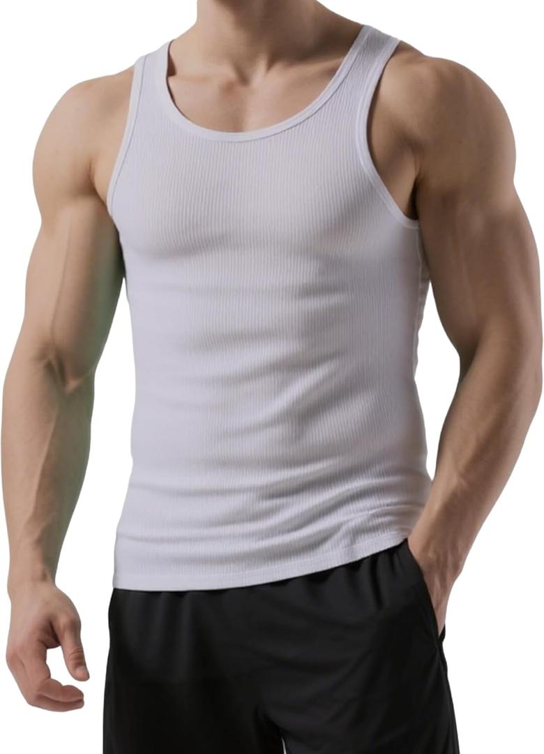Men's Ribbed Tank Tops Knit Casual Sleeveless Workout Muscle T Shirt Gym Undershirts Beach Tank (White)