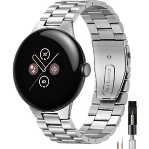 Miimall Metal Band Compatible for Google Pixel Watch 4(2025)/3 45mm 41mm Band, No Gap, Men Business Stainless Steel Adjustable Wristband Replacement Strap for Pixel Watch 4/3/2/1 (Silver)