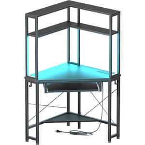 Corner Desk with Hutch and LED Lights, Corner Computer Desk with Keyboard Tray and Monitor Stand, Small Computer Desk for Small Spaces, Home Office