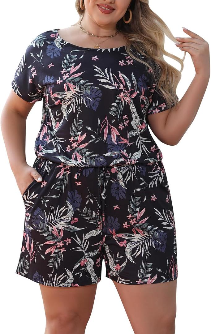 Nemidor Plus Size Rompers for Curvy Women Casual Summer One Piece Short Sleeve Loose Elastic Waist Jumpsuit with Pocket 24