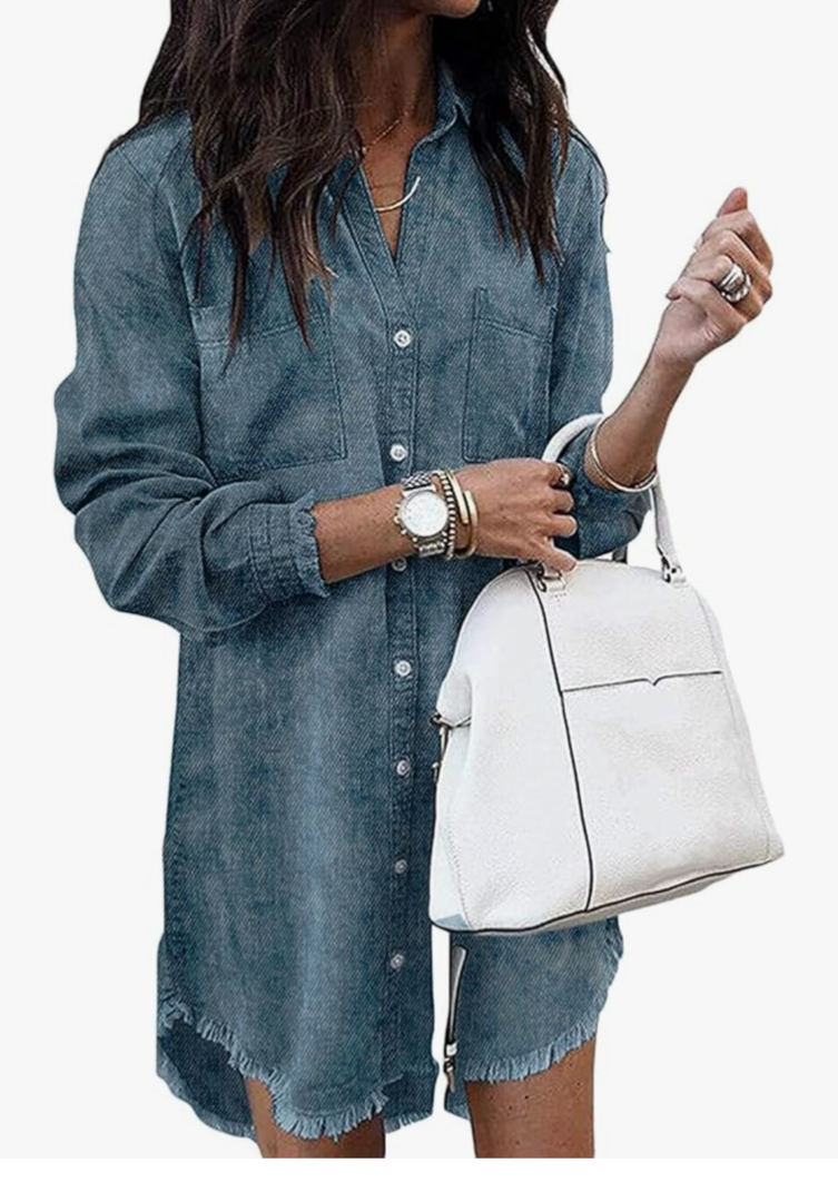 Zilcremo Women Denim Shirt Dresses Long Sleeve Distressed Jean Dress Button Down Casual Tunic Top, 2XL