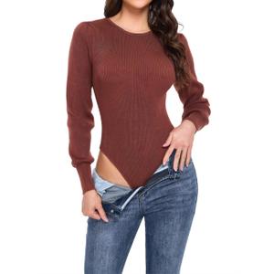 Women's Ribbed Knit Bodysuit Long Sleeve Crew Neck Thong Style Viscose Polyamide Polyester Soft Jersey Stretchy Basic Sexy Top Slim Fit Rayon Ruffle Going Out Tee Shirts Brown 2026 for Juniors (L)
