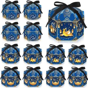 Jremreo 12 Pack Ramadan Eid Mubarak Treat Boxes - Gold Lantern and Moon Design, Hexagonal Paper Boxes with Ribbons, Muslim Holiday Party Candy Containers for Eid Al-fitr