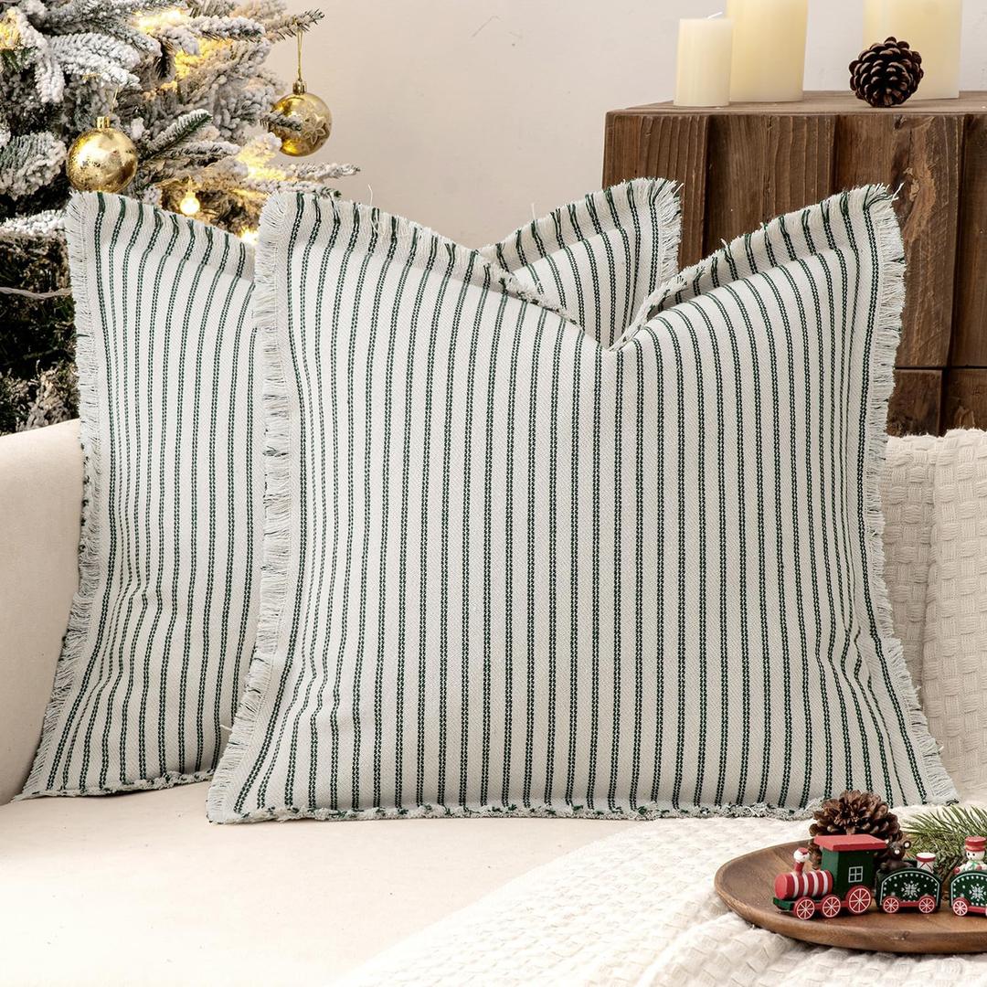 MIULEE Pack of 2 Christmas Dark Green Pillow Covers 20x20 Inch Striped Farmhouse Couch Throw Pillow Covers with Fringe Chic Linen Decorative Cushion Covers for Sofa Living Room Bed Outdoor Home Decor