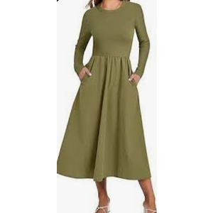 ANRABESS Long Sleeve Midi Dresses for Women 2025 Fall Fashion Casual Rib Knit Patchwork Tight Top Modest Flowy Dress Pocket Olive Green Medium