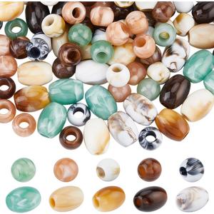 1 Box 150PCS Acrylic Large Hole Hair Beads Round Oval Opaque European Imitation Painted Stone Loose Spacer Polished Barrel Macrame Bead Bulk for Jewelry Making Bracelet Necklaces DIY Craft