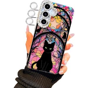 Compact Case for Samsung Galaxy S24 & S25 Holographic Matte cat Design,Cute Slim TPU Shockproof Protective Bumper Phone Cases Cover for Women Girls Aesthetic Glitter Shiny Adorable