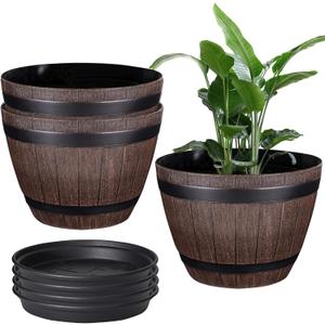 VECELO Plant Pots with Drainage Holes & Saucer, 13 Inch Flower Pots with Tray, 3 Pack Plastic Whiskey Barrel Planters for Indoor & Outdoor Garden Home Plants and Flowers