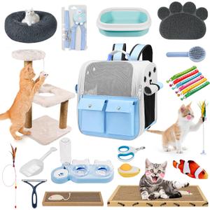 Kitten Starter Supplies Starter Kit, 20 pcs of Essentials, Including Bed, Carrier, Litter Mat, Box, Collar, Bowls and More, Perfect for New Cat Owner - Blue