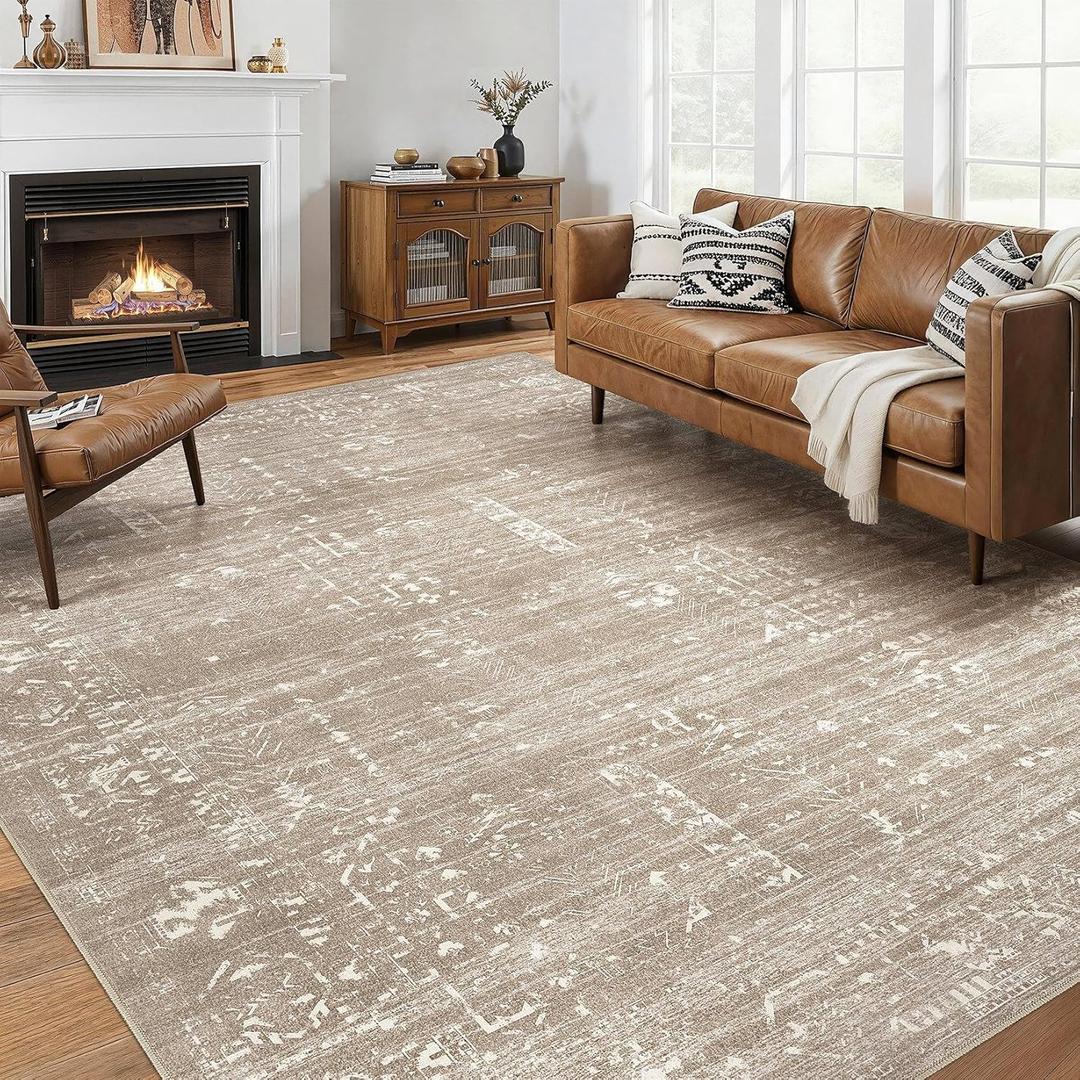 Area Rug for Living Room - 7x9 Soft Washable Oriental Vintage Floral Distressed Large Carpet - Fade Stain Resistant Non Slip Rugs for Bedroom Dining Room Nursery Dorm Office Home Decor - Camel