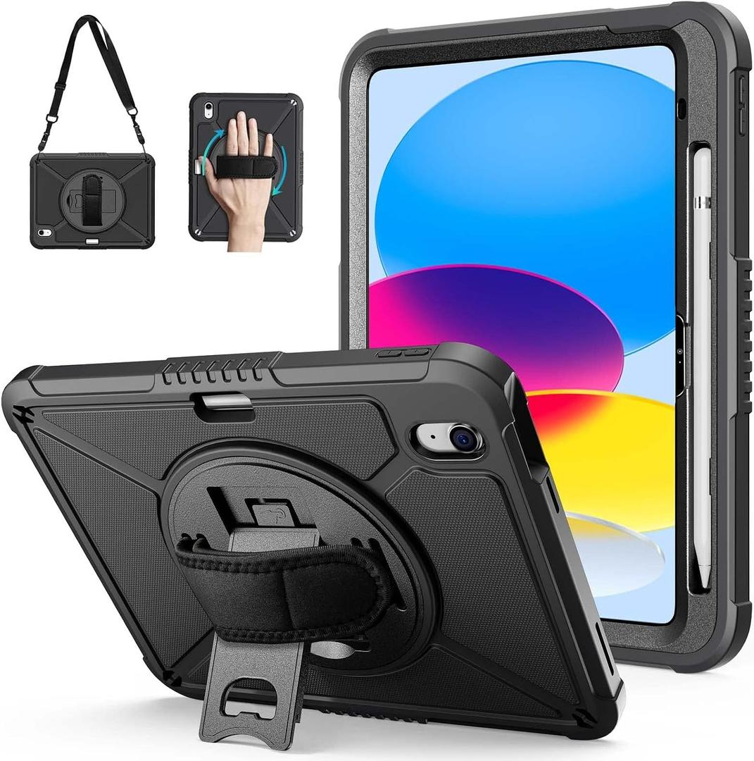 ZtotopCases for iPad (A16) 11th/10th Generation 11''/10.9'' 2025/2022, Heavy Duty Case with Screen Protector & 360-Rotating Hand Strap, Full-Body Drop Protection Cover, Black