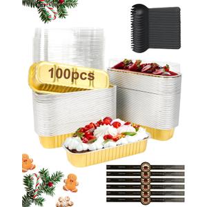 100 Pack Mini Loaf Pans with Lids, Spoons & Stickers Disposable Aluminum Foil Baking Cake Containers for Oven, Air Fryer & Freezer Ideal for Cakes, Bread, Pudding, Parties & Gifting, Gold