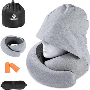 Travel Pillow - Hooded Neck Pillow Airplane Memory Foam Filling for Plane,Cars Sleeping, Road Trip, Long Flights, Portable Plane Accessories, Includes Eye Mask & Earplugs (Light Gray)