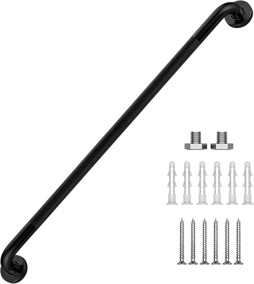 48 Inch Grab Bars 1.25" Dia, Black 304 Stainless Steel Bathroom Grab Bar, Anti Slip Knurled Safety Bar, Wall Mount Handicap Grab Bars, Support Handrail for Seniors Elderly Injury