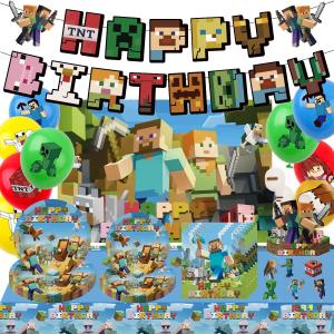 107Pcs Pixel Party Miner Theme Birthday Decorations Set Including 20 Plates,20 Napkins,10 Flags,10 Gift Bags,20 Toppers,18 Balloons,6 Paper Hats,1 Banner,Tablecloth& Backdrop,Ideal For Boys Girls