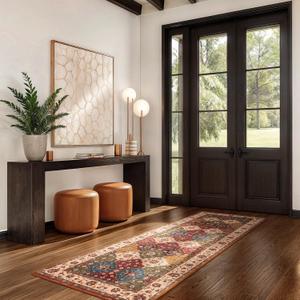 Lessymo Washable Runner Rug 2x6, Moroccan Faux Wool Runner Rug Non Slip for Hallways Kitchen Entryway Laundry Room Bedroom Bathroom, Low Pile, Kid & Pet Friendly, Classic Red and Cream