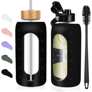 Glass Water Bottles 64 oz - Half Gallon Large Motivational Daily Water Intake Bottle Time Marker - Glass Water Bottle With Straw, Silicone Sleeve 2 Lids, Handle Spout & Bamboo Lid(Black)