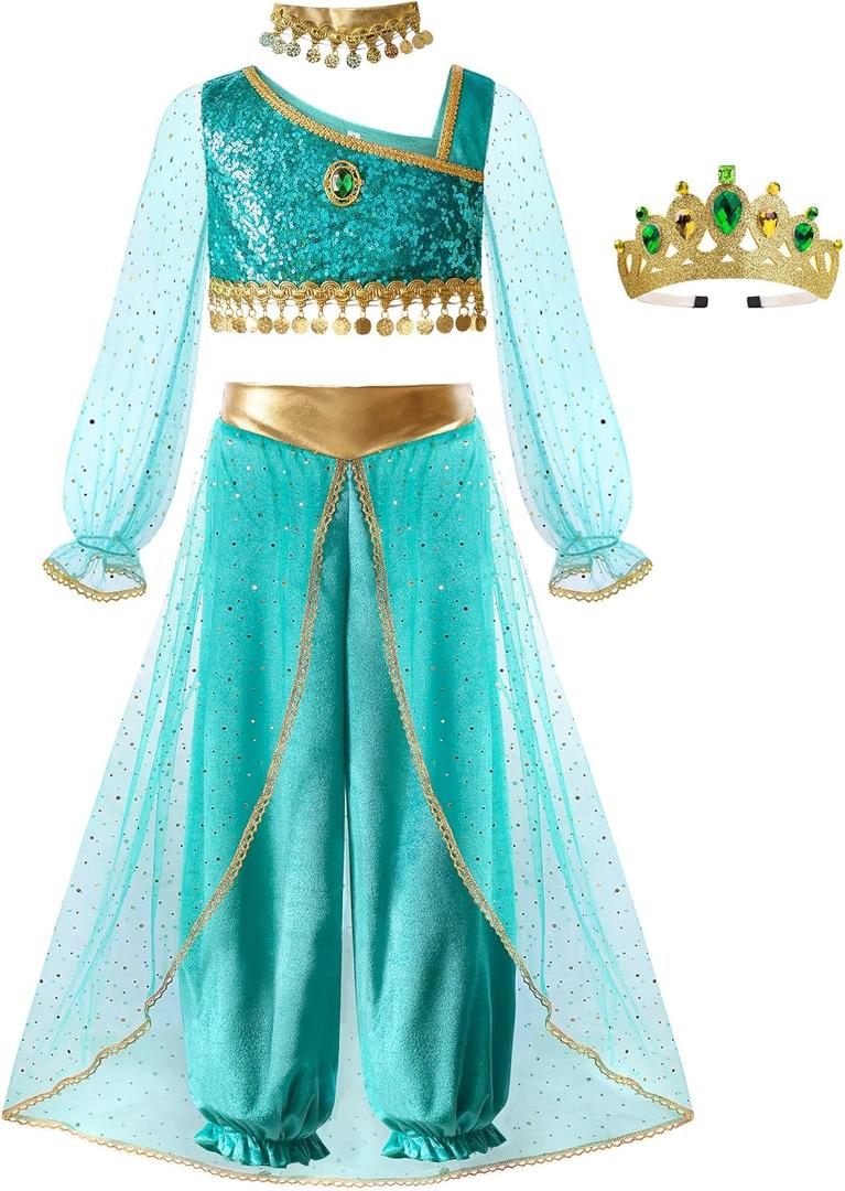 ReliBeauty Princess Toddle Costumes for Girls Arabian Long Sleeves Dress up Holloween Party Birthday whithCollar and Crown (6-7/120, Green)