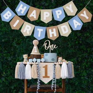 Felt Khaki Blue Happy Birthday High Chair Banner Pre-Strung Birthday Hanging Decoration For 1st Birthday Decorations Boy