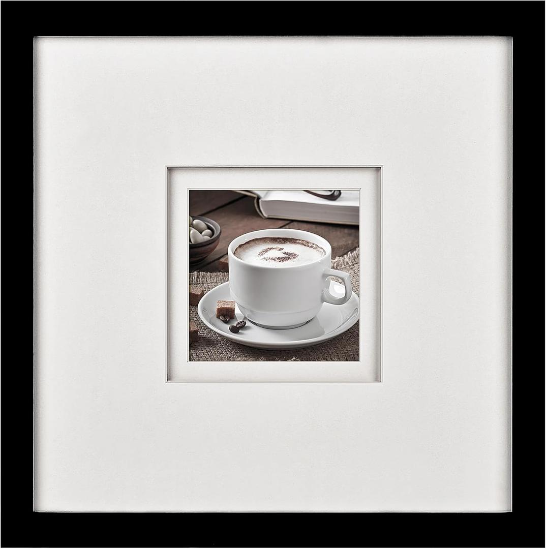 Yaetm 12x12 Square Picture Frame Matted to 5x5, Double Floating Ivory Mat, Black Photo Frame with Polished Tempered Glass for Wall Gallery, Home and Office, Wall Mounting, Single, Black
