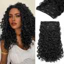 REECHO Curly Hair Extensions - 4PCS 14" GoGo Curly Clip in Hair Extensions 100% Super Protein Hairpieces with Invisible Lace Weft Silky Soft Natural Look for Women - Jet Black
